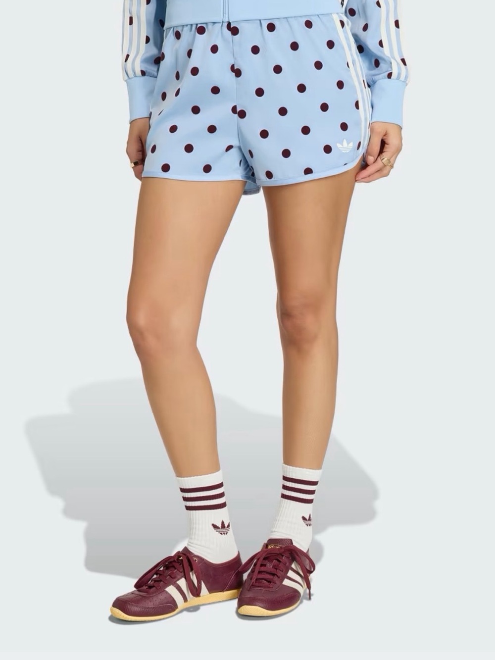 adidas Light Blue Athletic Shorts with Burgundy Polka Dots - Picture 4 of 9